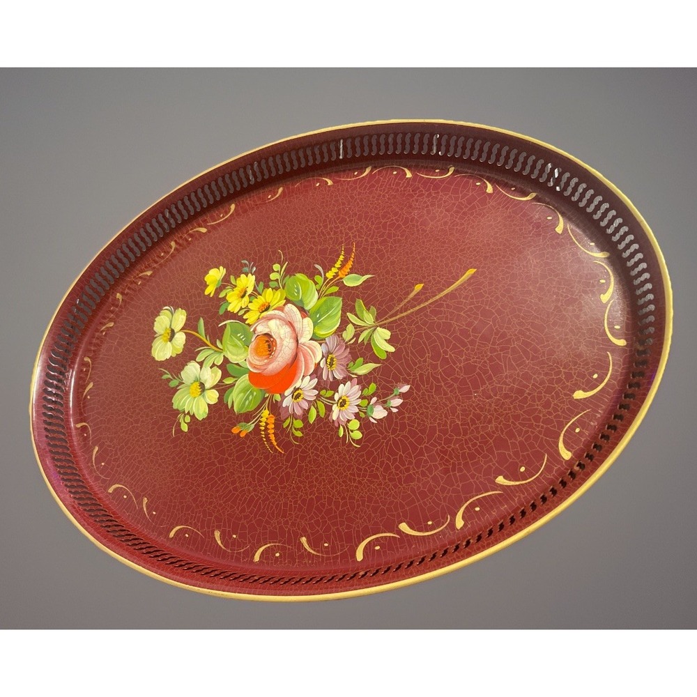 Antique Metal Maroon Red Tole Tray Roses‎ Handpainted Floral Velour Bottom